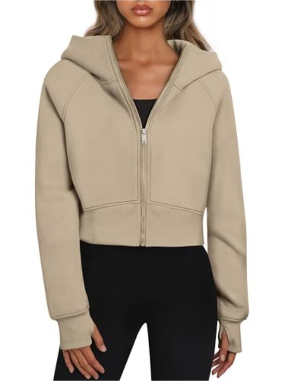 Women Oversized Cropped Zip Up Hoodie Fleece Thumbholes Pockets